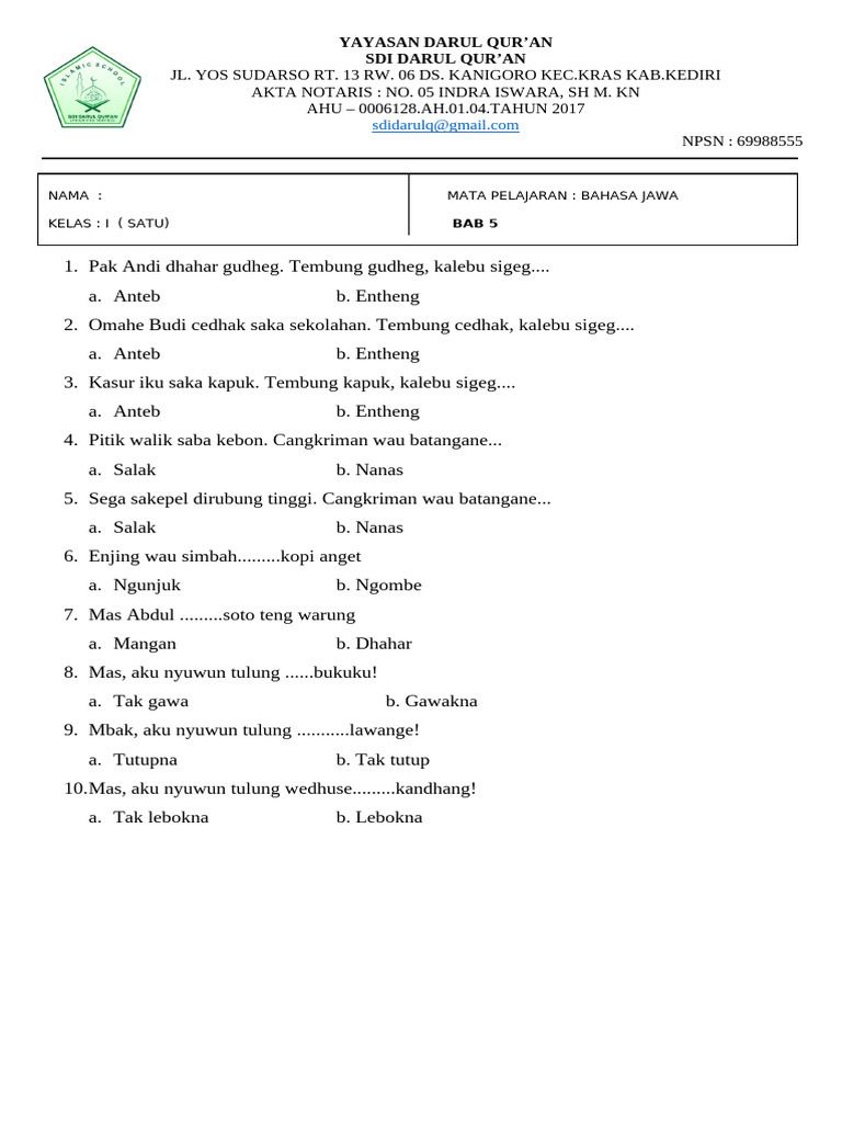5 Soal Bahasa Jawa Kelas 1 Semester 2 yang Wajib Dikuasai Berdasarkan KD