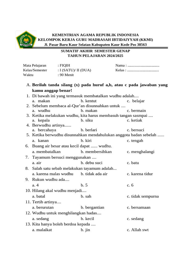 Soal Ujian Fiqih Kelas 1 Semester 2 PDF