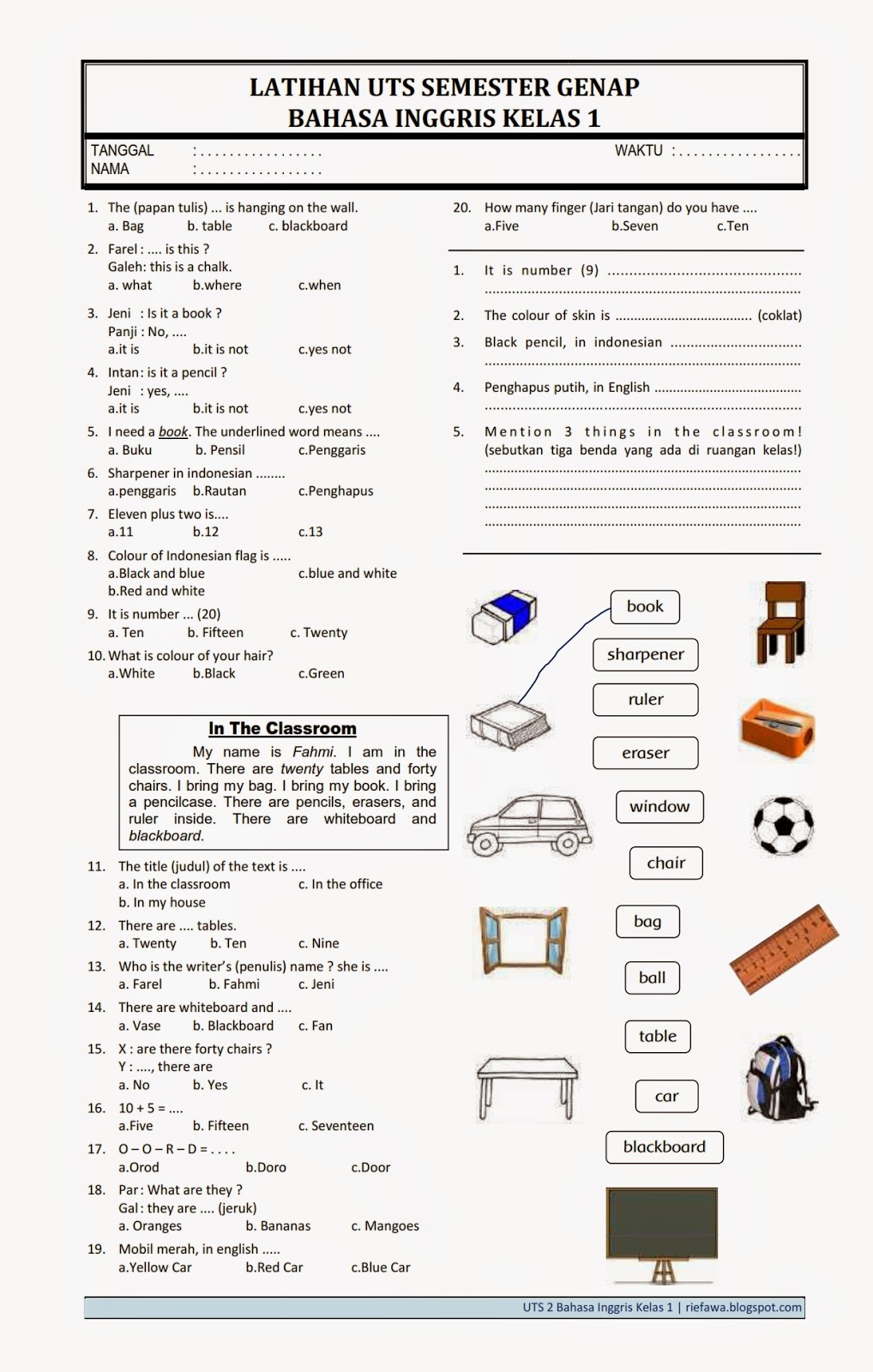 Contoh Soal UTS Bahasa Inggris Kelas 1 SD
