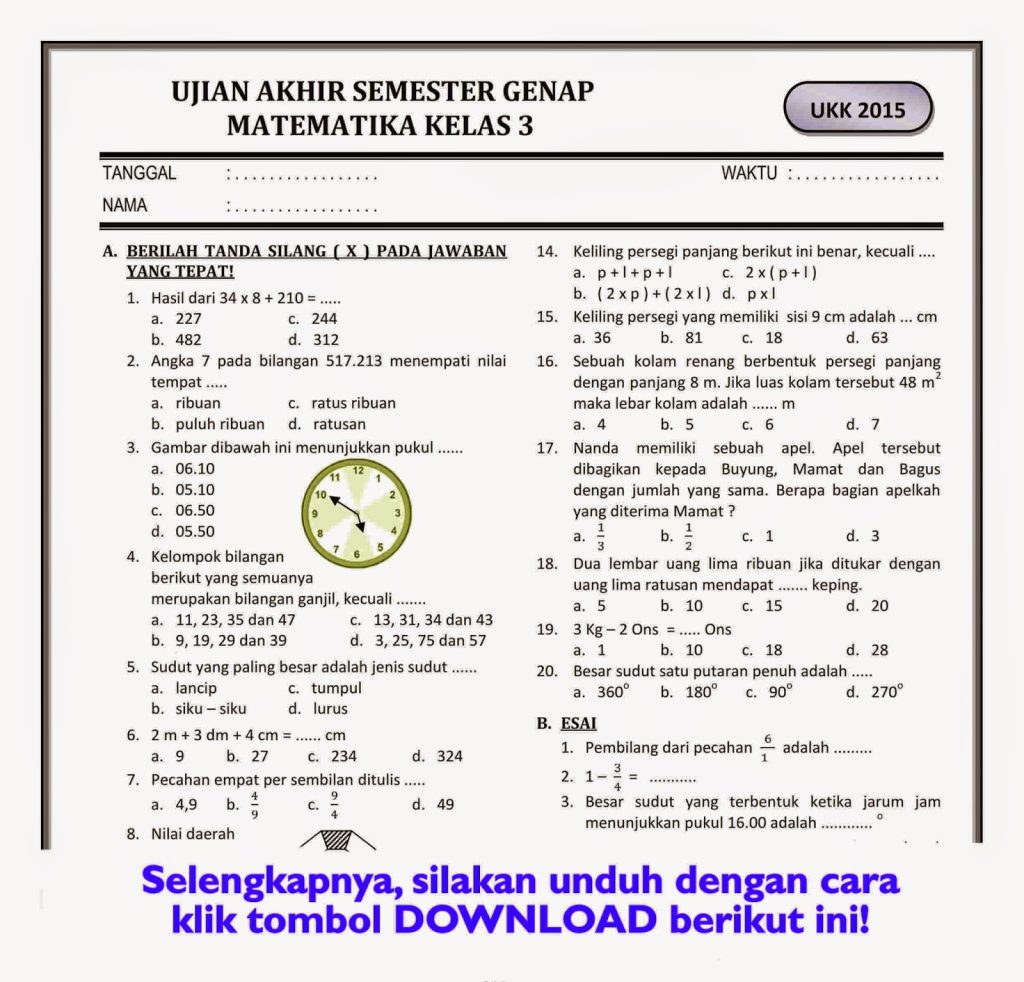 5 Contoh Soal Ujian Kelas 4 SD Matematika Semester 2 Beserta Jawabannya yang Wajib Dicoba