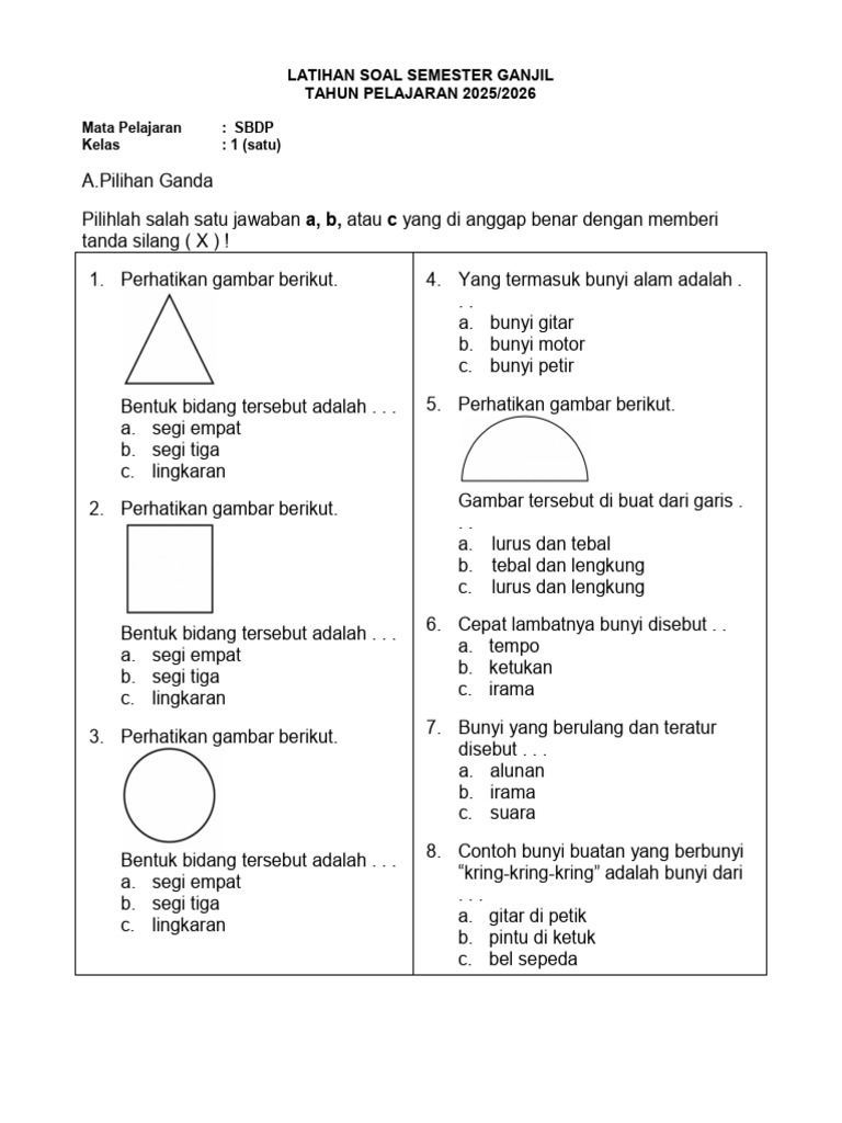 Latihan Soal Sbdp-kelas 1 Semester 1-Tp 2025-2026 PDF