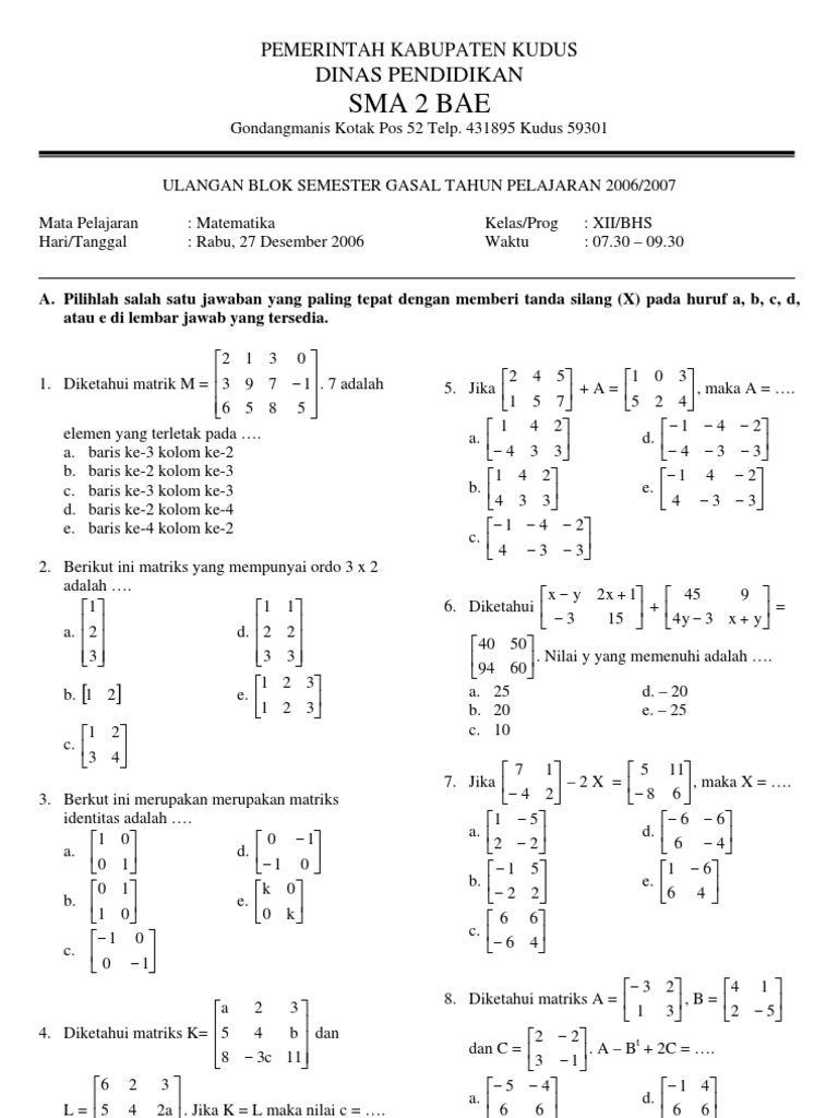 Contoh Soal Matematika Kelas 12 - Piffle me
