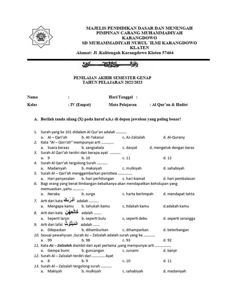 7 Rahasia Contoh Soal Ujian Pendikan Quran Kelas 4 Semester 2 Wajib Tahu Sebelum Ujian