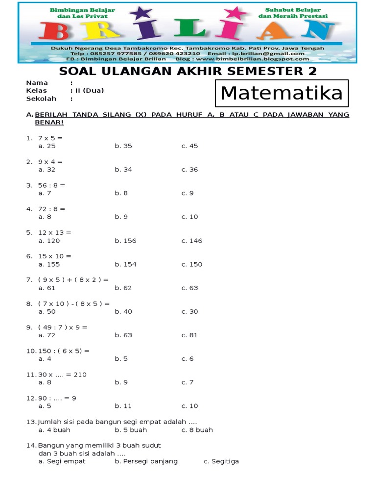 75 Contoh Soal Ujian Matematika Semester 2 Kelas 4 Ternyata Punya Pola Rahasia Ini Wajib Tahu