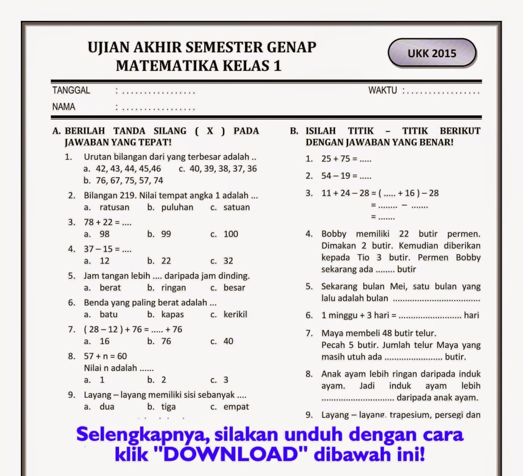 Akhirnya Tersedia Contoh Soal Ujian K13 Kelas 4 SD yang Wajib Diketahui Orang Tua Sebelum Terlambat