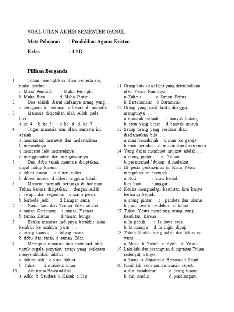 Soal Agama Kristen Kelas 4 Semester 1 PDF Agama Spiritualitas
