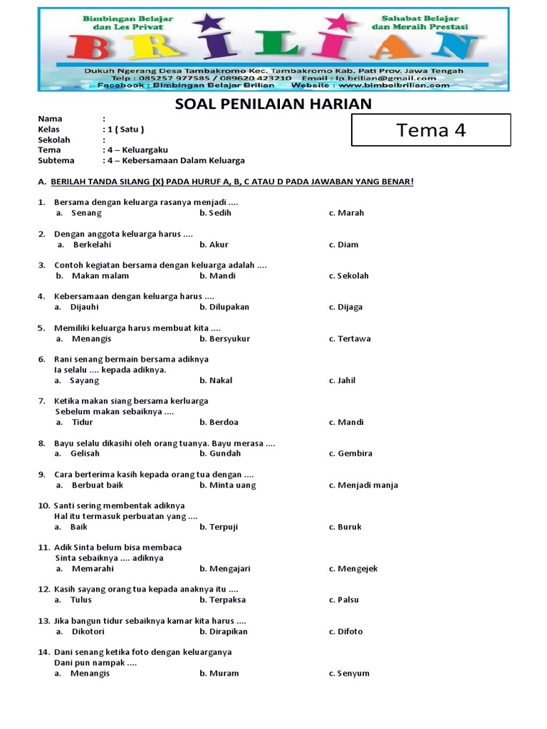 Terbukti 7 Contoh Soal Tema 4 Keluargaku Kelas 1 SD yang Anak Cepat Paham Sebelum Ujian