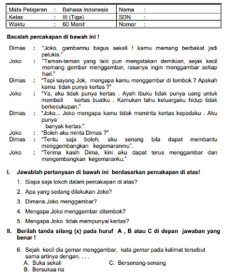 Contoh Soal Dongeng Bahasa Indonesia Kelas 3 SD