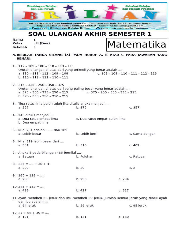 Wajib Tahu! 7 Contoh Soal Semester 1 Kelas 2 Mata Pelajaran Tema Beserta Kunci Jawaban yang Sering Muncul