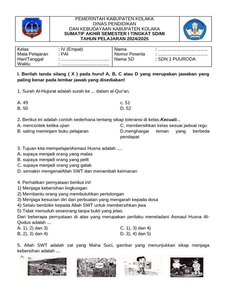 Soal PAI Kelas IV SD Kolaka 2024 2025 PDF