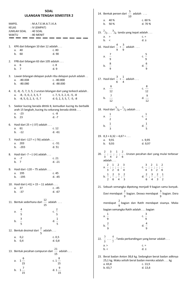 contoh soal ujian kelas 4 sd semester 2 2016 2017