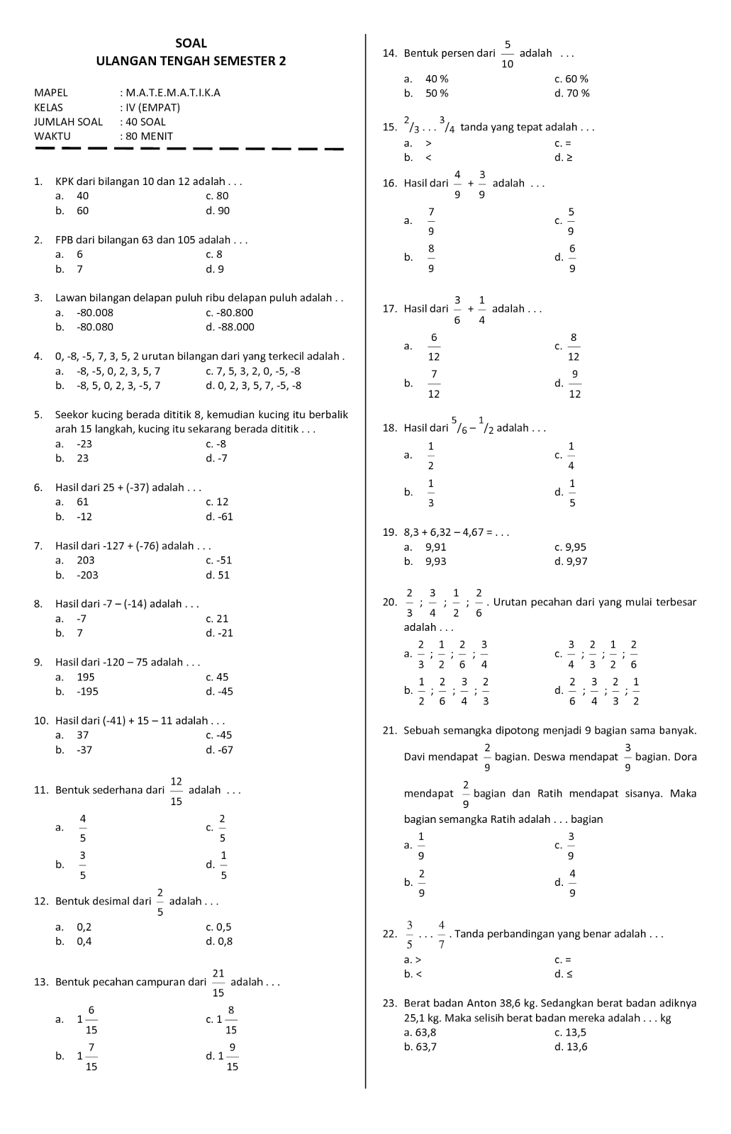 contoh soal ujian kelas 4 sd semester 2 2016 2017