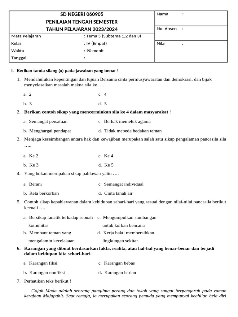Kumpulan Soal Tema Kelas 4 Tema 5 Sub Tema 5 Terkait Perayaan Juara ASEAN Cup 2026
