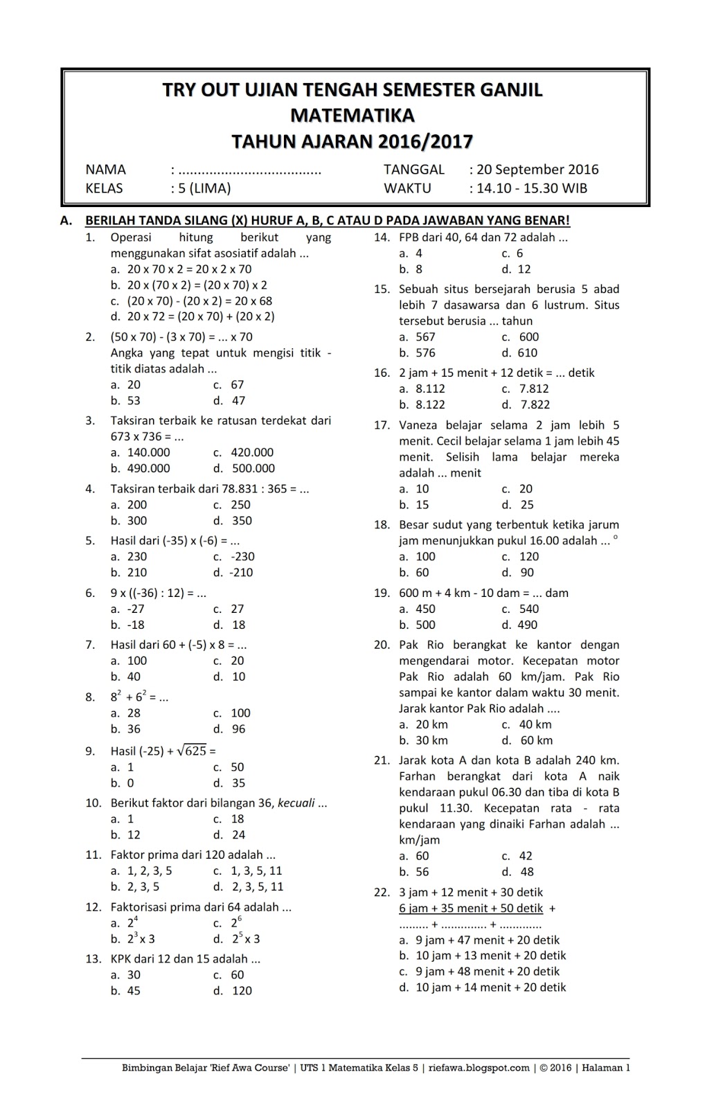 Rahasia Nilai Sempurna dengan Latihan Soal Ulangan Tema 1 Matematika Kelas 5 Semester 1