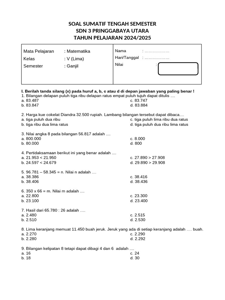 Wajib Tahu! Latihan Soal Ulangan Tema 1 Matematika Kelas 5 Semester 1 Ini Rahasia Nilai A Wajib Tahu! Latihan Soal Ulangan Tema 1 Matematika Kelas 5 Semester 1 Ini Rahasia Nilai A